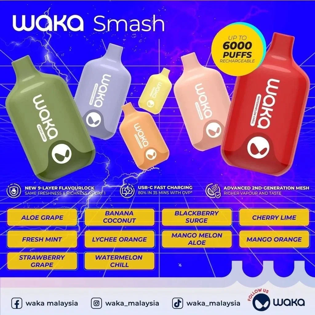 100% Original Waka Smash 6000 Puffs 12ml Vape Liquid 500mAh Battery Pod Rechargeable Disposable Ecigarette Wholesale