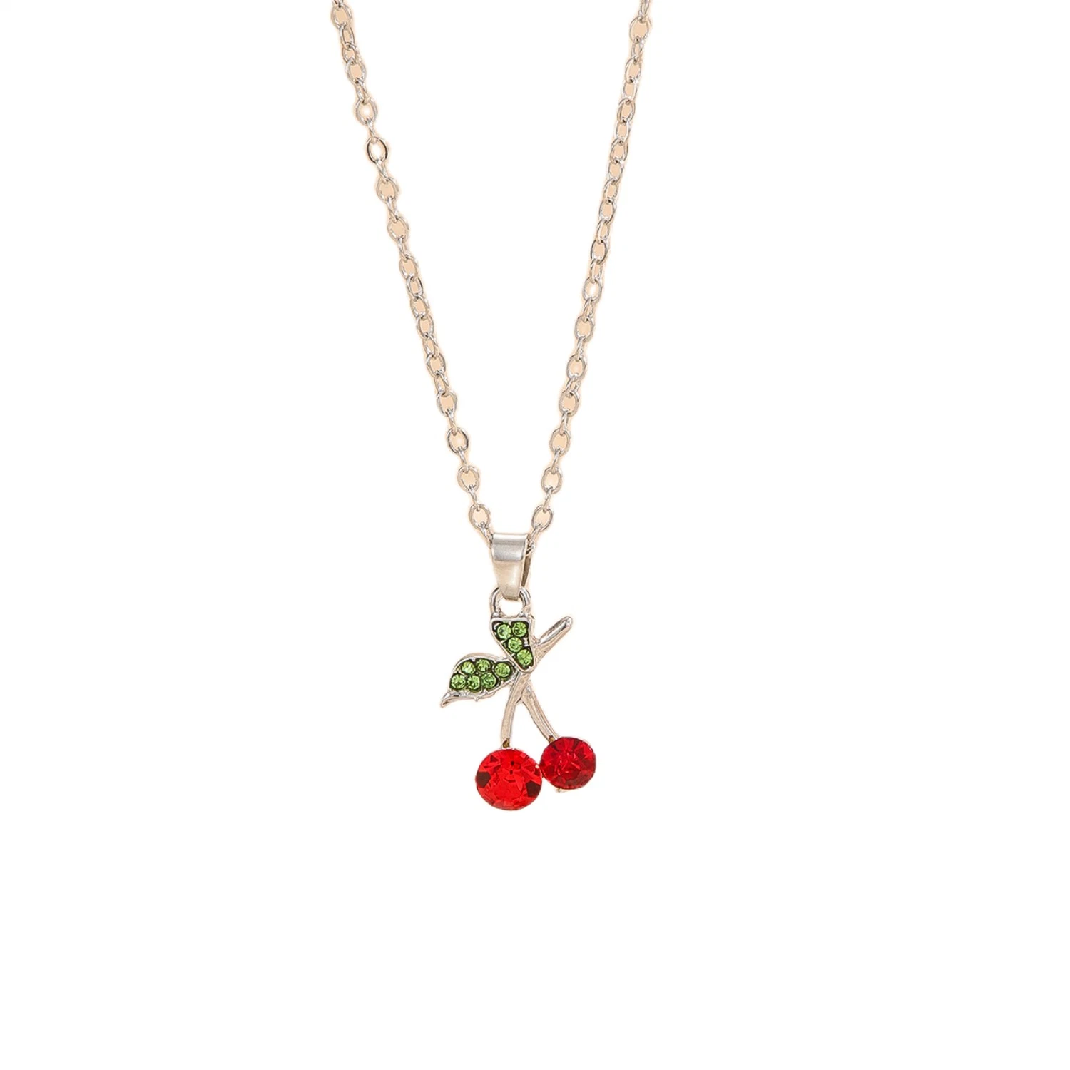 Beautichen New Arrival Vintage Gold Plated Rhinestone Crystal Cherry Pendant Necklace for Girls