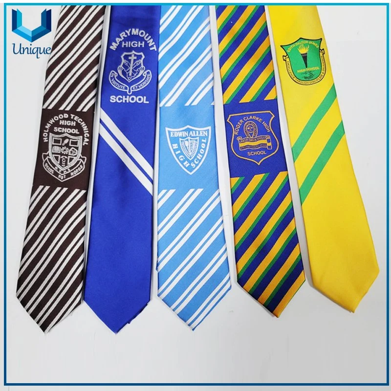 Cheap Imitated Silk Promotional Gift Tie, School Logo Customed Design Necktie, Jacquard Stripe Novelty Tie