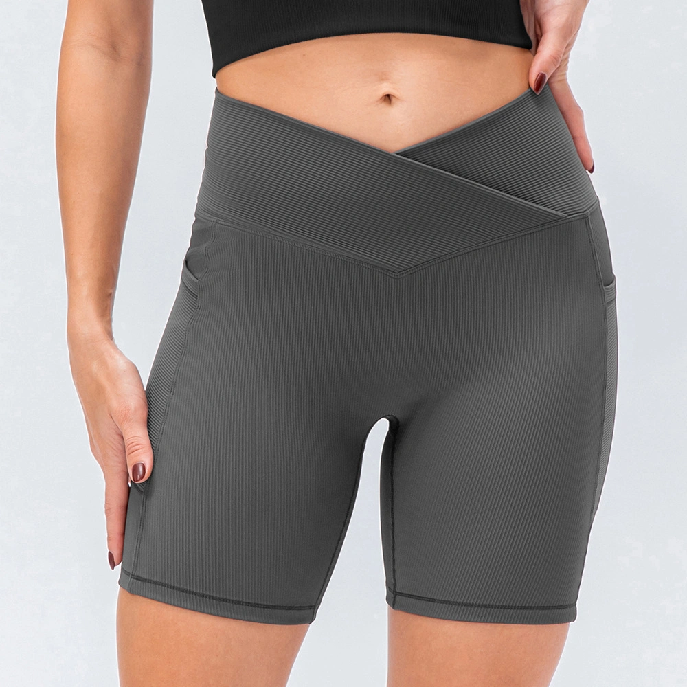 Custom Logo Compression Ribbed Sportswear Yoga Athletic Shorts with Side Pockets, Wholesale/Supplier 8 Colors Stylish V Shape Waist Gym Outfits Biker Shorts for Women