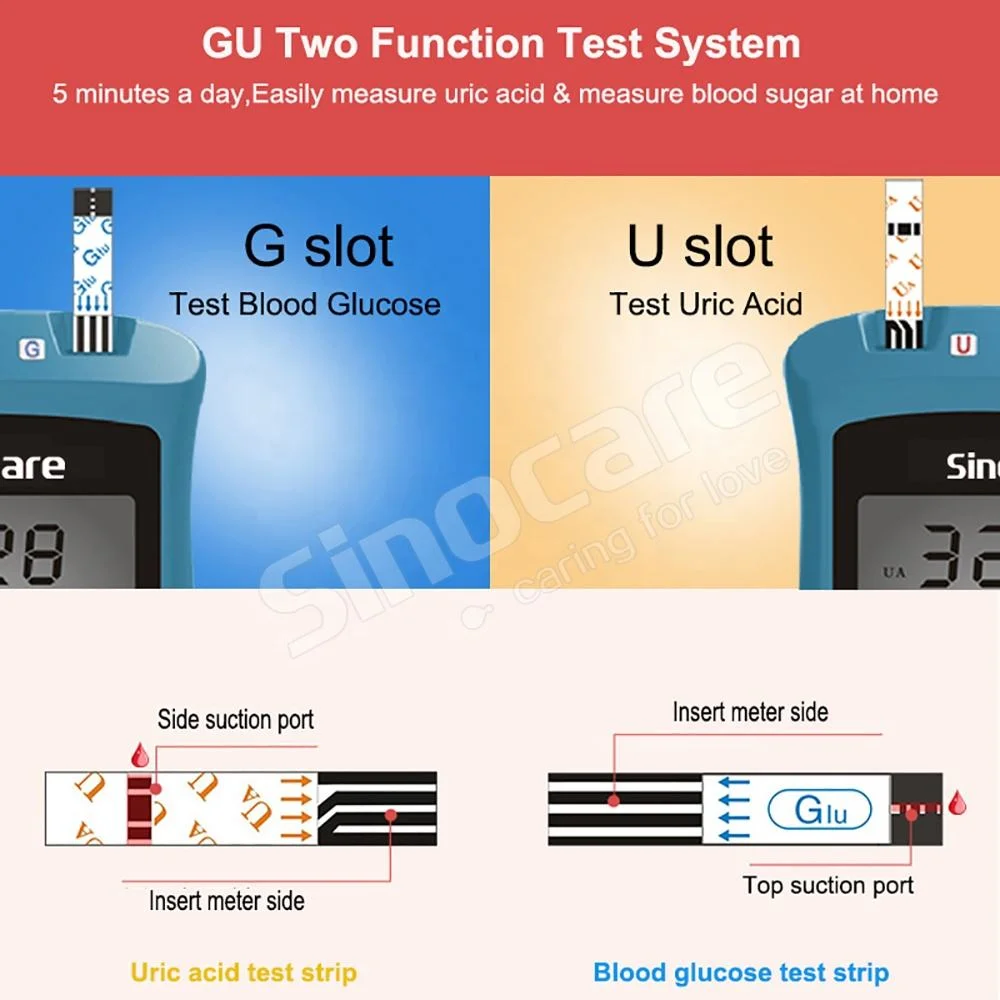 Sinocare Quick Check Blutzucker- und Harnsäureteststreifen Set mit schmerzfreien Lancets erhältlich für multifunktionale Safe Aq Ug