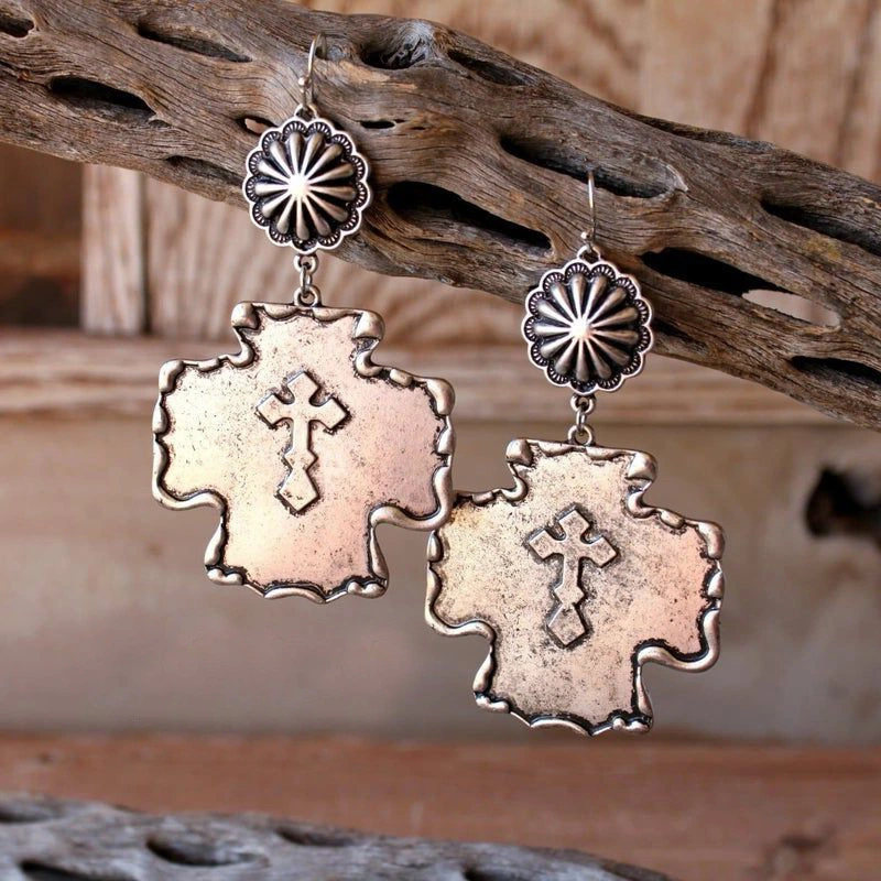 Vintage Pumpkin Blossom Double Cross Alloy Earrings Western Style Exaggerated Earrings