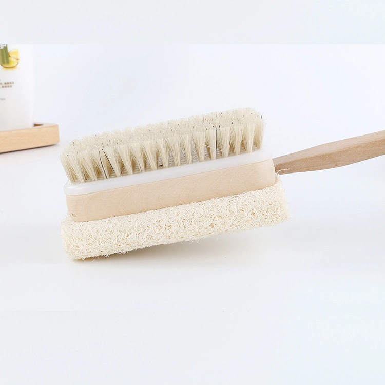 Rectangle Loofah Sponge Bristle Bath Brush with Long Wooden Handle