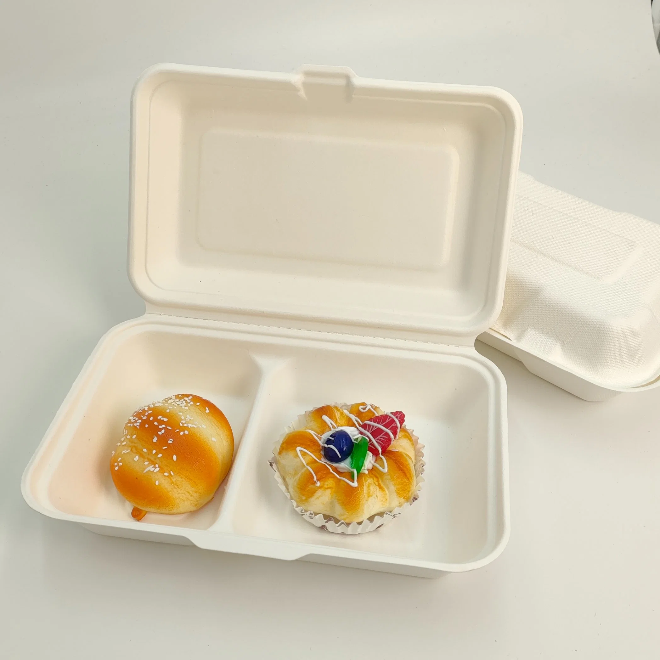 Food Take out Container 100% Biodegradable Sugarcane Bagasse Food Lunch Clamshell Box 2 Compartment