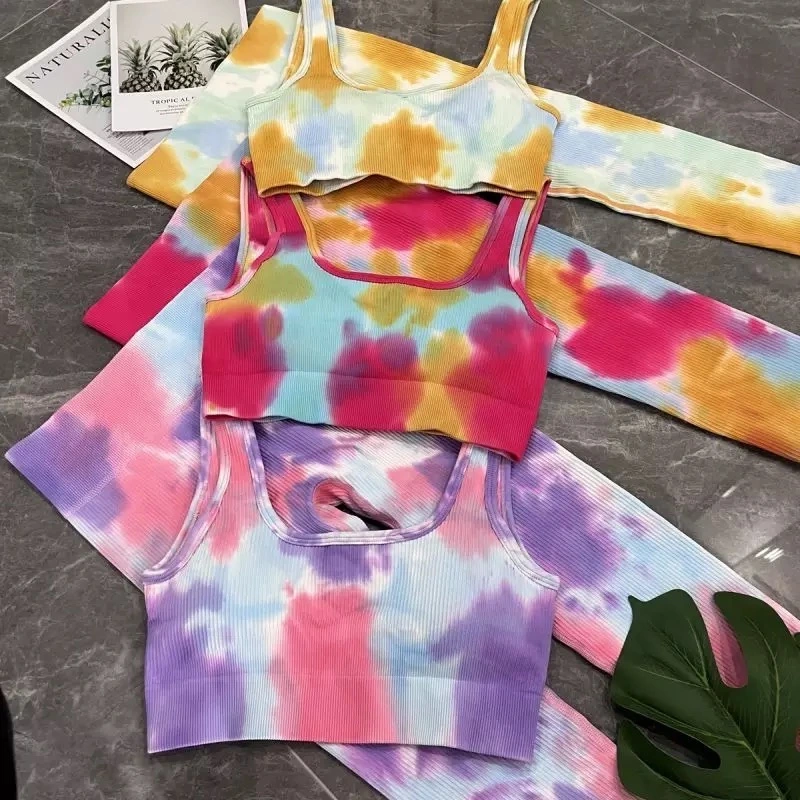 Superhot American and European Trendy Tie Dye Camouflage Gym Fitness Apparel, Womens Seamless Sports Tank Top + High Waist Yoga Leggings Yoga Wear Sets