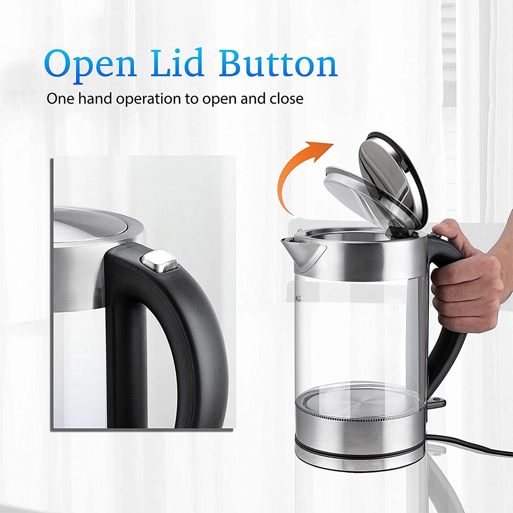 Multifunction Stainless Steel Open Lid Button 1.7 Litre Electric Hot Fast Glass Water Heater Kettle