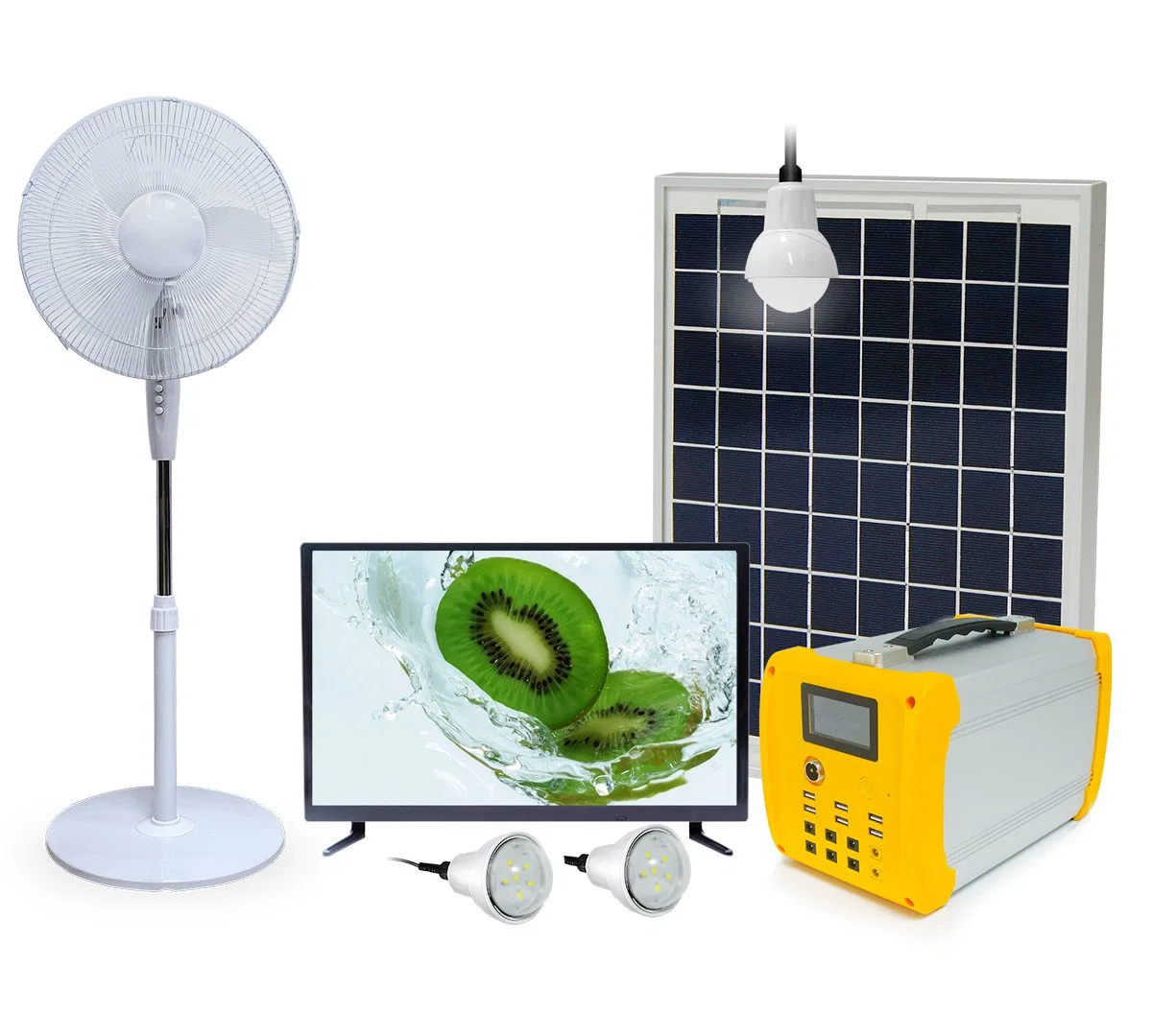 Sistema de energía solar portátil con Solar DC TV y ventilador Solar cargador para teléfono móvil funcione