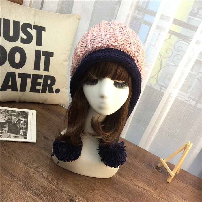 Sweet and Cute 3 Ball Curled Wool Fresh Mixed Color Plus Velvet Thickened Knitted Cap Ear Protection Airplane Cap