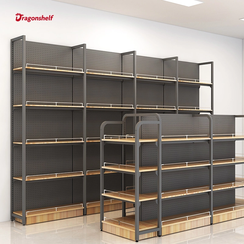 Dragonshelf Wooden Gondola Supermarket and Cold-Rolled Steel Goods Display Shelf