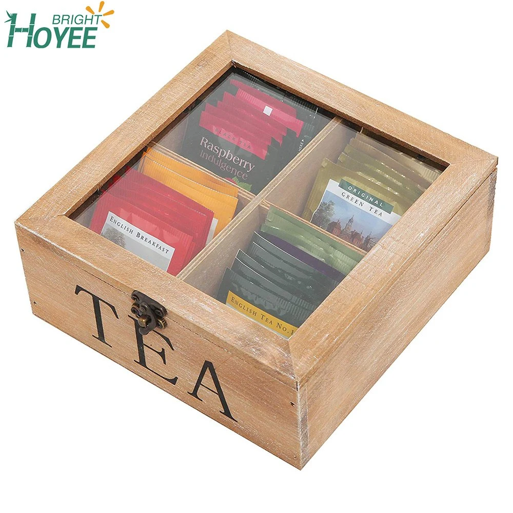 Caja de té de madera rústica barata con tapa transparente marrón