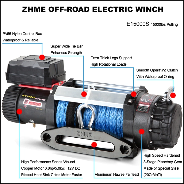 15,000 libras de recuperación de off-road malacate eléctrico con cuerda sintética