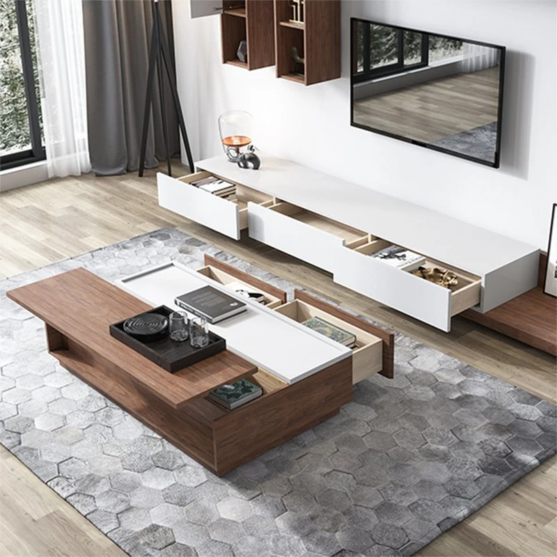 Made in China Wholesale/Supplier Home Living Room Furniture Walnut White Optional Wooden MDF TV Stand and Coffee Table Set for Home Hotel Apartment