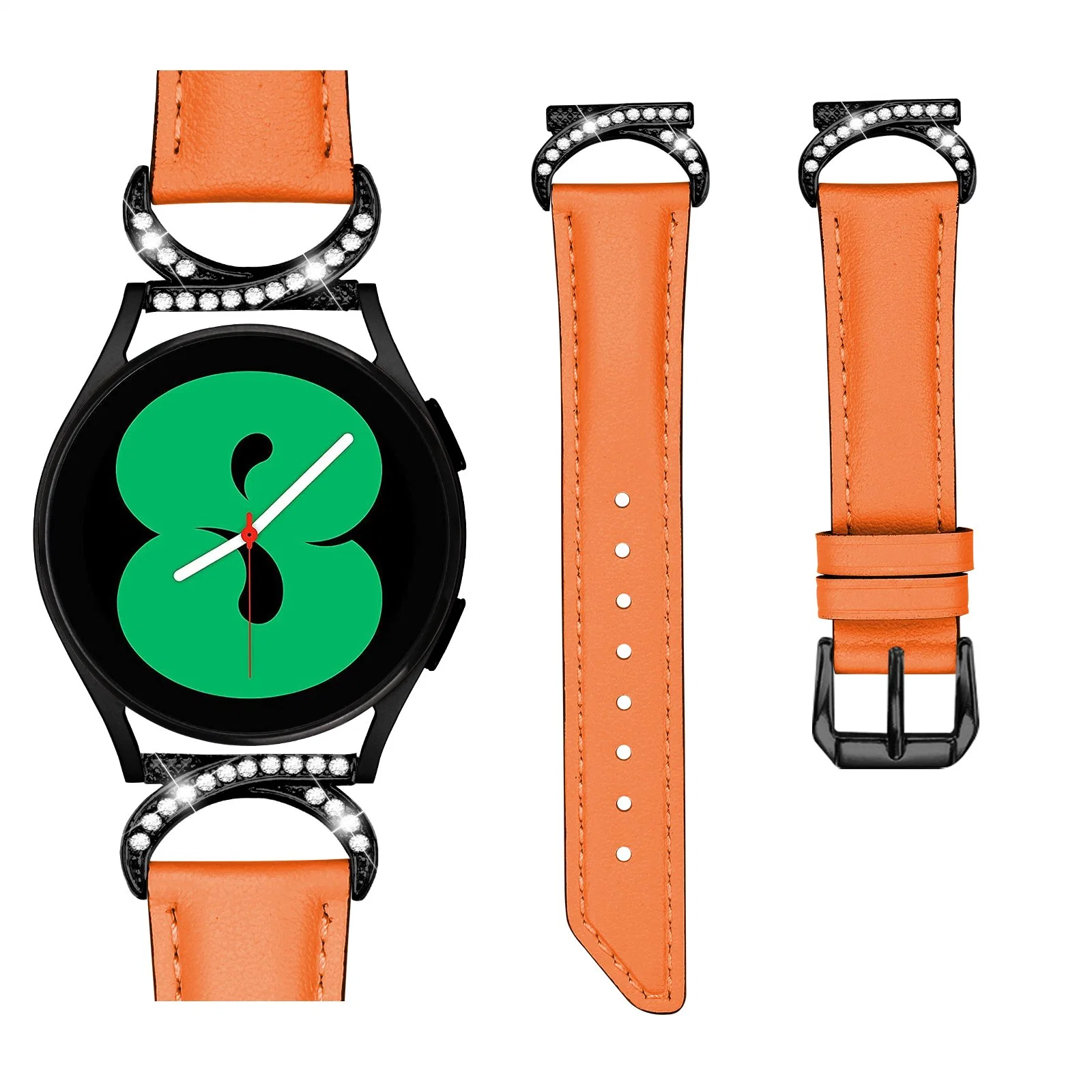 Pour Samsung Galaxy Watch 3 41mm / Watch 5 40mm / 44mm Bande de poignet de remplacement 20mm Rhinestone D-forme avec sangle en cuir noir - Orange de boucle