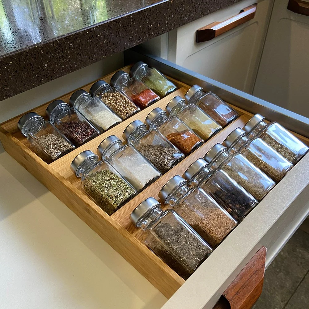 Bamboo Spice Rack Drawer Insert Holder for Jars Cupboard