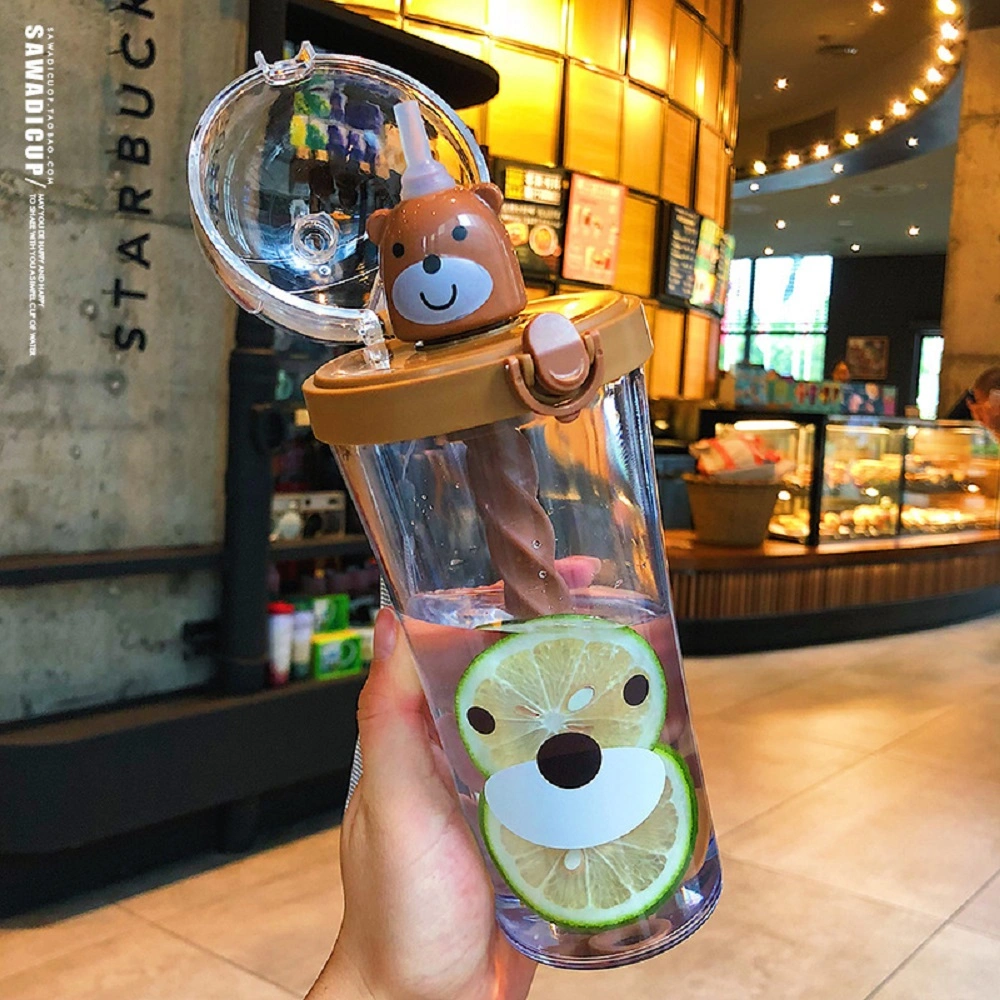 Printed Stirring Water Cup with Straw Portable Plastic Kettle Straw Cartoon Shake Cup Fruit with Juice Mix Wyz17835