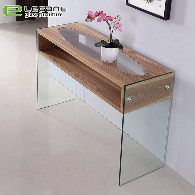 Clear Bent Glass Console Table with Tempered Glass Shelf