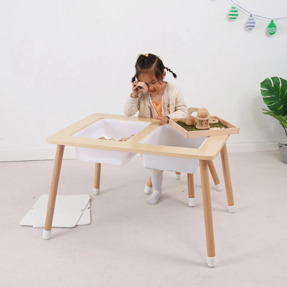 Preschool Kids Furniture Birch Plywood Children Wooden Water Play Table Sensory Table for Toddler with Two Storage Box