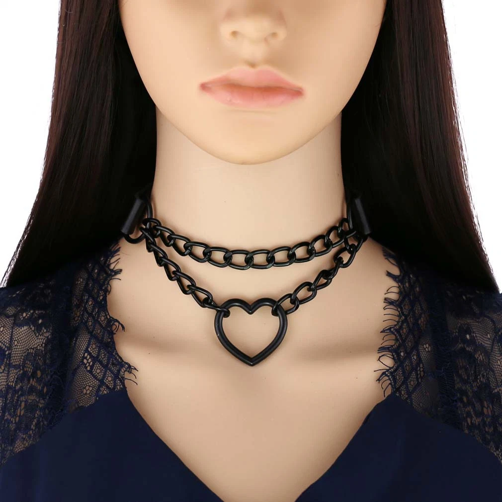 Punk Leather Black Chain Dark Spade Heart Necklace Neck Chain Bondage Bdsm Collar