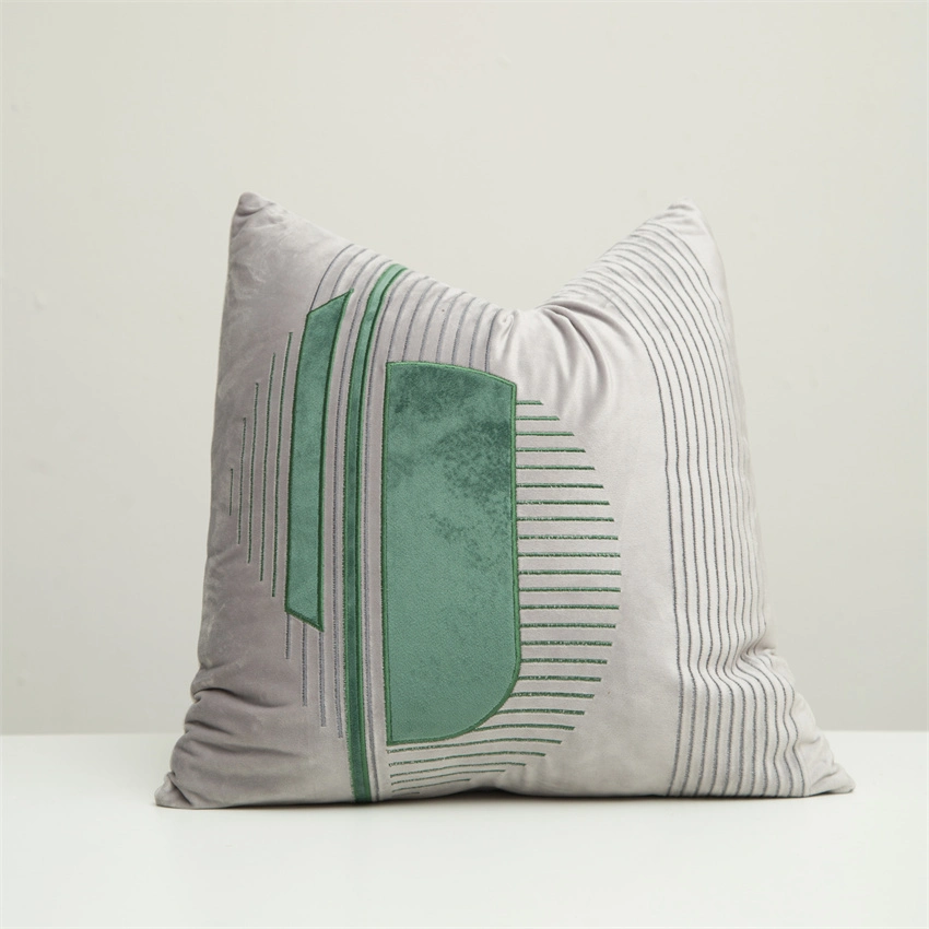 Mão bordados Geometric pillow Capa cinza Verde Appliques decoração de almofadas Almofada em almofada de 45X45 cm