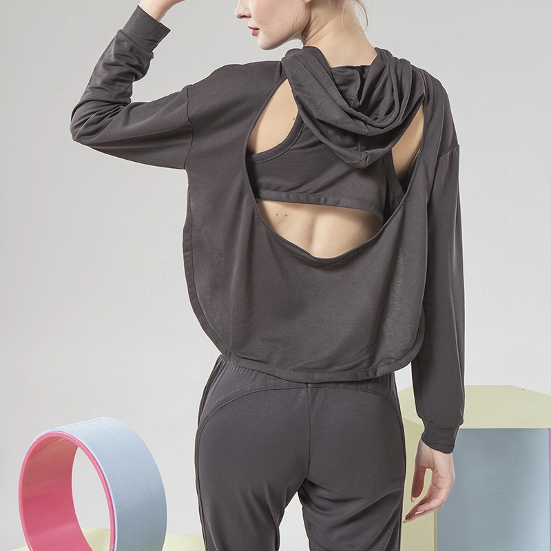 2020 Autumn Hallow Back Loose Hoodie Top with Side Pockets Jogging Pants Sports Fitness Yoga Wear Set