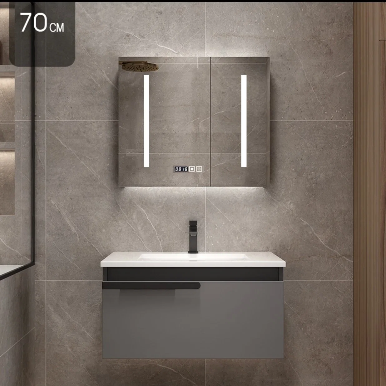 La moderna en la pared doble LAVABO lavabo de cerámica de MDF de disipador de LED de muebles de baño espejo de tocador de madera armario con piedra Scratchless Top