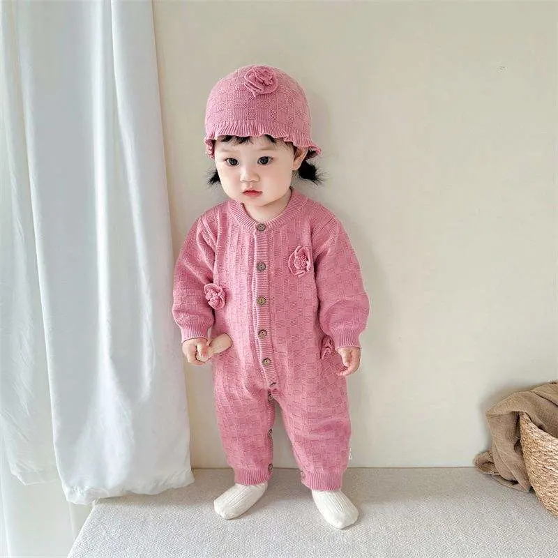 Die neuesten Design-Babykleidung, Strickpullover, niedliche Blumen-Baby-Jumpsuits mit Strickhützen