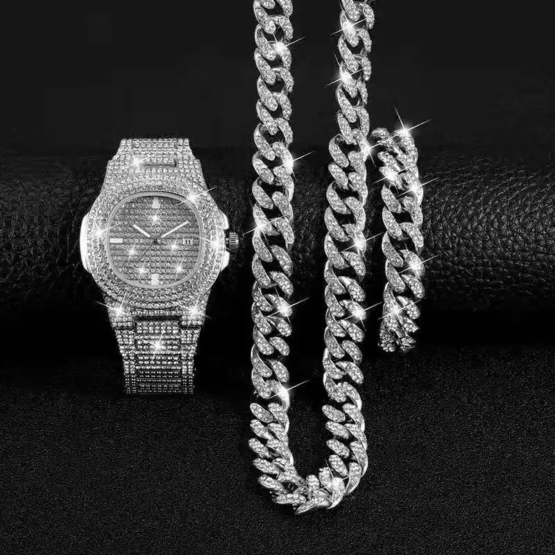 Hiphop montres hommes chaîne cubain Gold hors glacé strass pavée hommes montre avec bracelet Set Watch pour les hommes montres Don