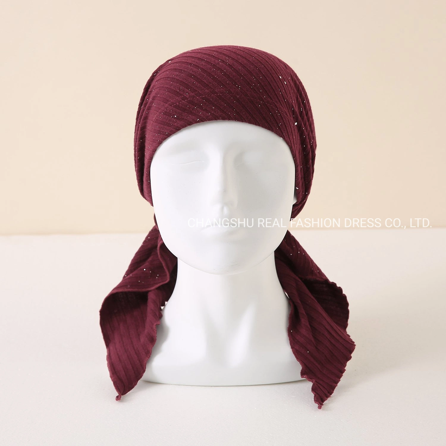 Muslim Lady New Fashion Knit Burgundy Foil Ribbed Pre-Tieds Hat with Lining and Tails