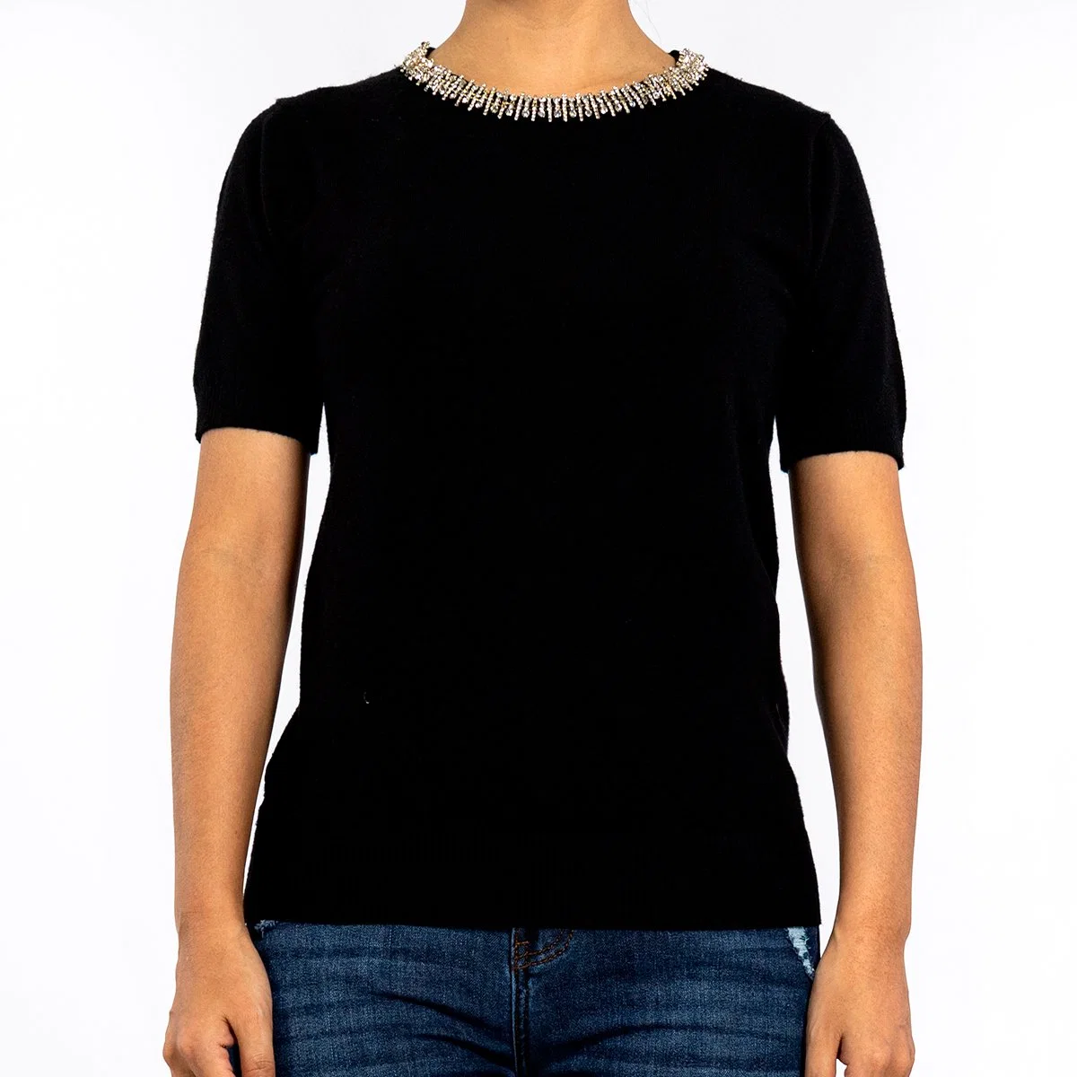 Summer Round Neck Diamond Neckline Short Sleeve Pullover Black Sweaters for Women