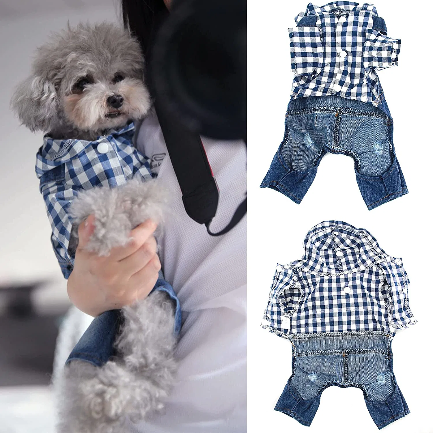 Fashion Denim Jumpsuit Dog Clothes with Plaid Hoodie for Puppy Jeans Jacket for Doggy Spring Summer Apparel Indoor and Outdoor