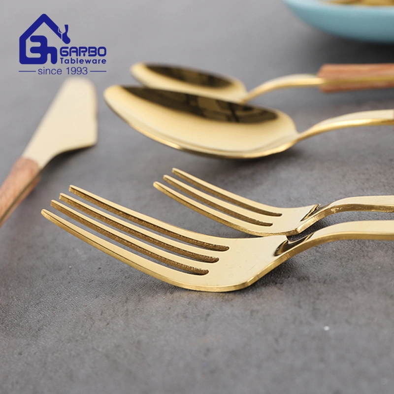 High-End 5 Stück Edelstahl Besteck Set Custom Goldenware Set Elegantes Life Besteckset mit Holz Polierter Griff inklusive Messer Gabel Löffel Spiegel Polnisch