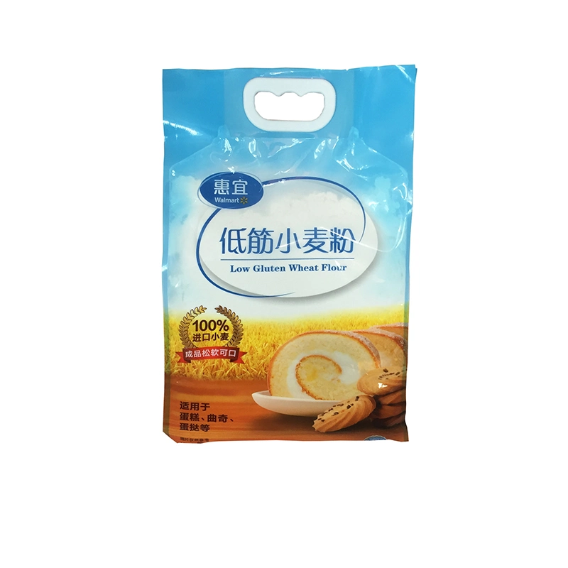 Customized 8 Sides Sealed Plastic Food Pouch, Handle Hang Flat Bottom Transparent Window Wheat Flour Packaging