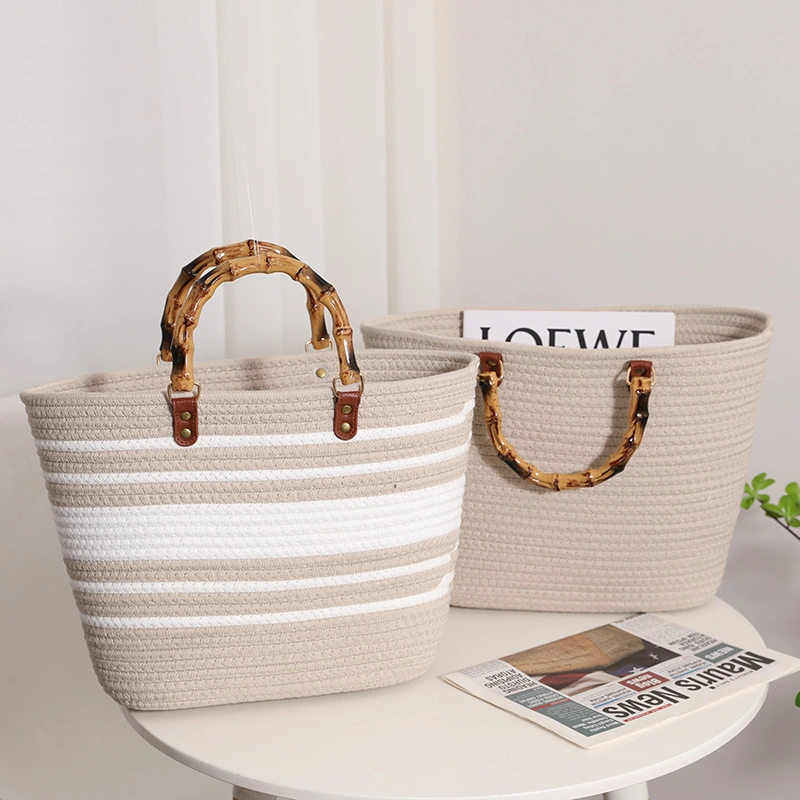 Striped Large Capacity Cotton Yarn Braided Bag New Imitation Bamboo Section French Retro Grass Braided Bag Portable Beach Bag Women&prime; S Bag