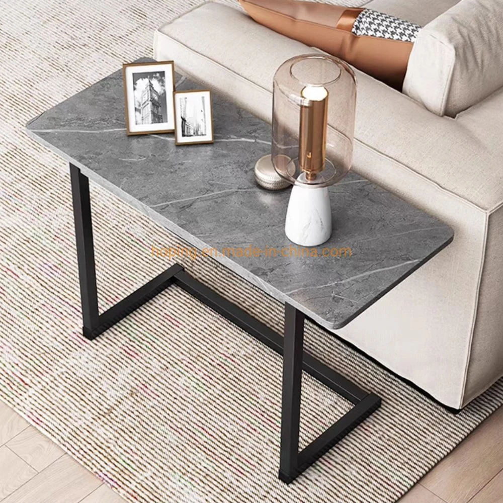 Rounded Rectangular Slate Top Side Table Coffee Table Corner Table with C Shape Carbon Steel Foot Living Room Furniture Hotel Furniture