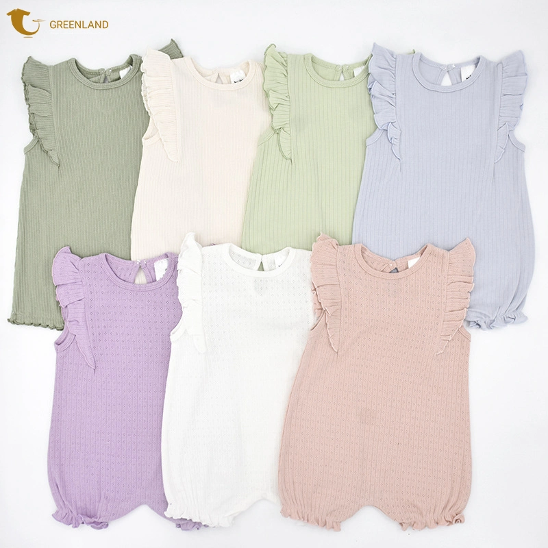 Umweltfreundlich Super Soft Cotton Material Einfarbig und Customized Design Rüschen Ärmel Baby Römpler und Kleidung