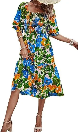 Ladies Fashion Short Sleeve Floral Skirt Square Collar Pleated Design Holiday Style Long Dress