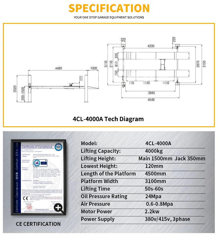 4CL-4000A 4 máquina de elevación de vehículos de poste para la alineación de las ruedas del vehículo Con elevador hidráulico de coche de 4 postes de buen precio CE