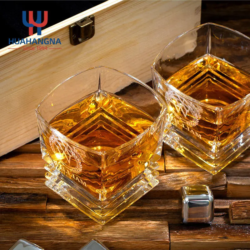 Whiskey Set 2 Pack Custom Logo Crystal Whiskey Stone Gift Set with 6 Stainless Steel Stones in Wooden Box