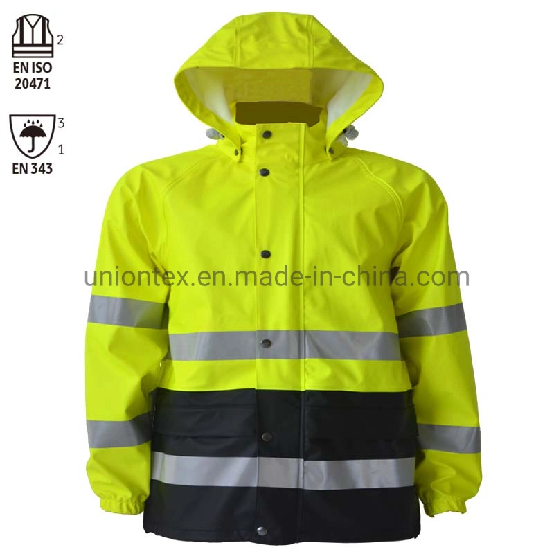 Mens Hi Vis Visibility Viz Work Safety PU Rain Jacket Hooded Waterproof Jacket