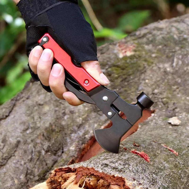 El martillo de acero inoxidable multifuncional Ax alicates plegables cuchillo Abrebotellas Herramienta con mango de madera Herramienta Mano
