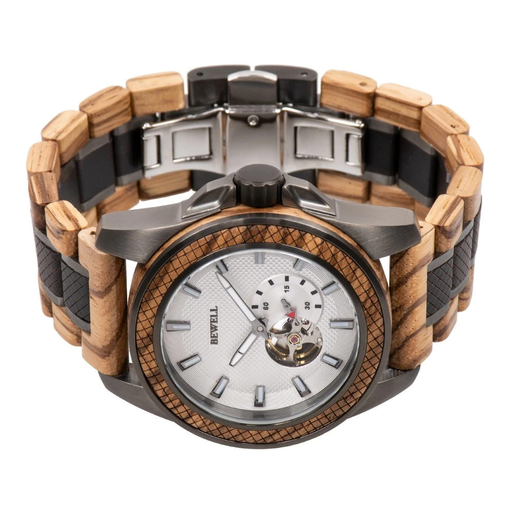 Bewell New Arrival Wholesale/Supplier Luxury Stainless Steel with Wood Case and Strap 3ATM Water Resistant Men Wood Automatic Watch