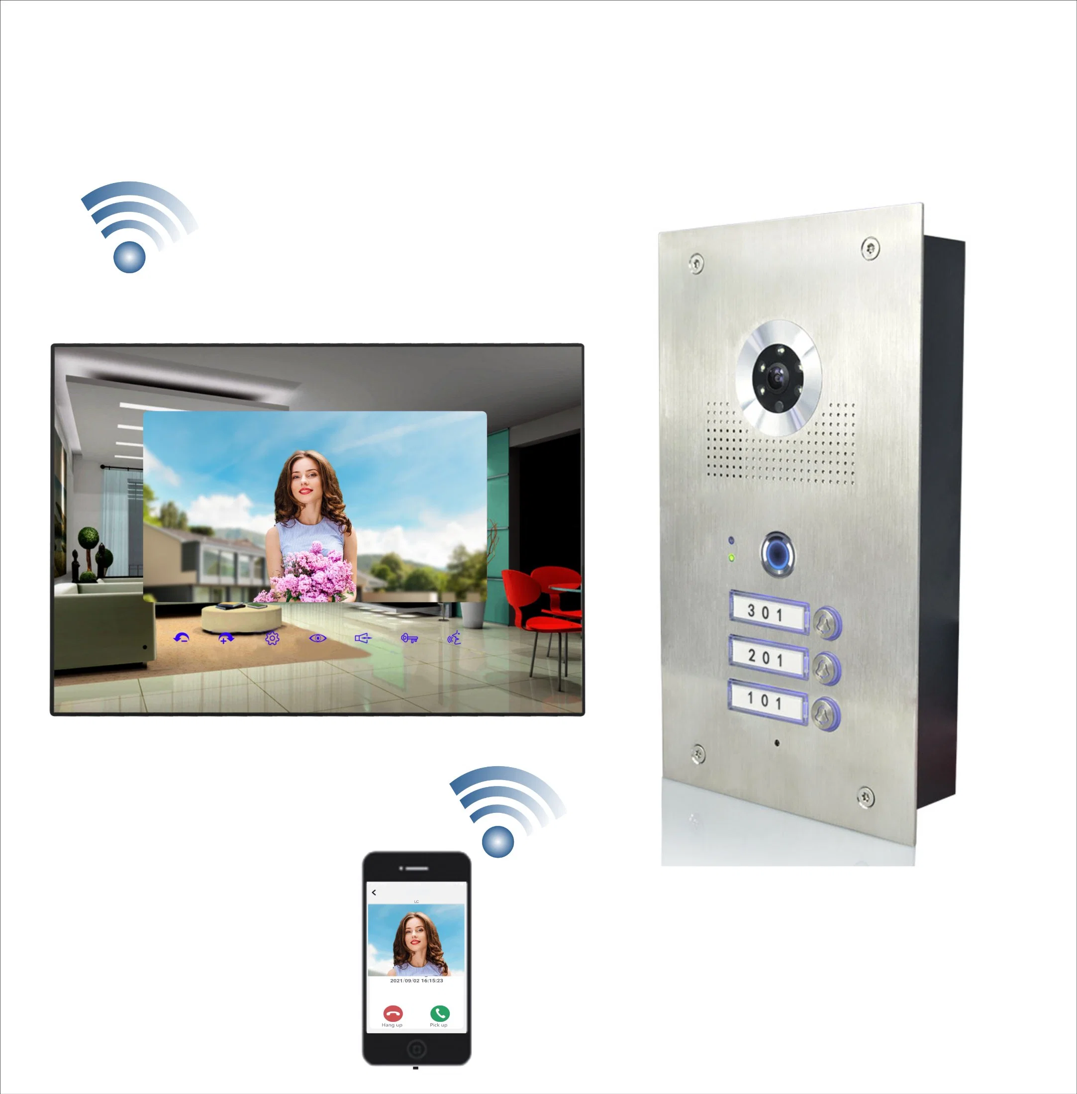 Funciona com o sistema de intercomunicador Smart Phone, sistema de telefone com voz WiFi de 4 fios