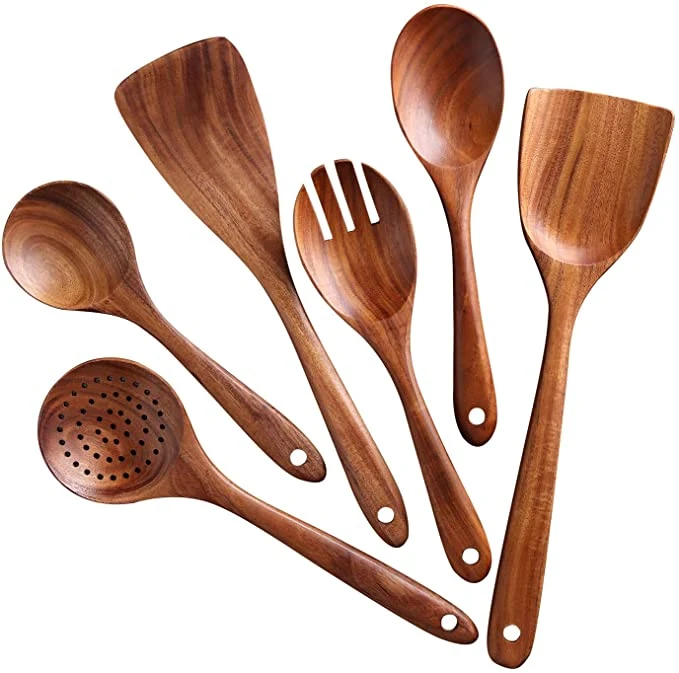 6 Non-Stick Picecs spatules en bois de teck naturel des ustensiles de cuisine de cuisine en bois