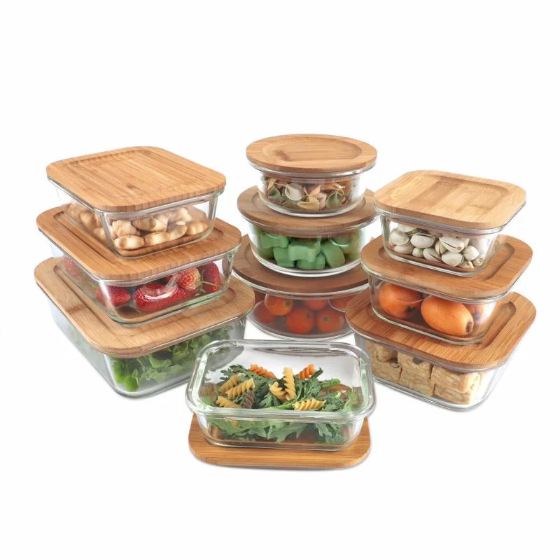 Excellent Borosilicate Glass Food Storage Containers Set Refrigerator Fresh-Keeping Box with Airtight Bamboo Lid