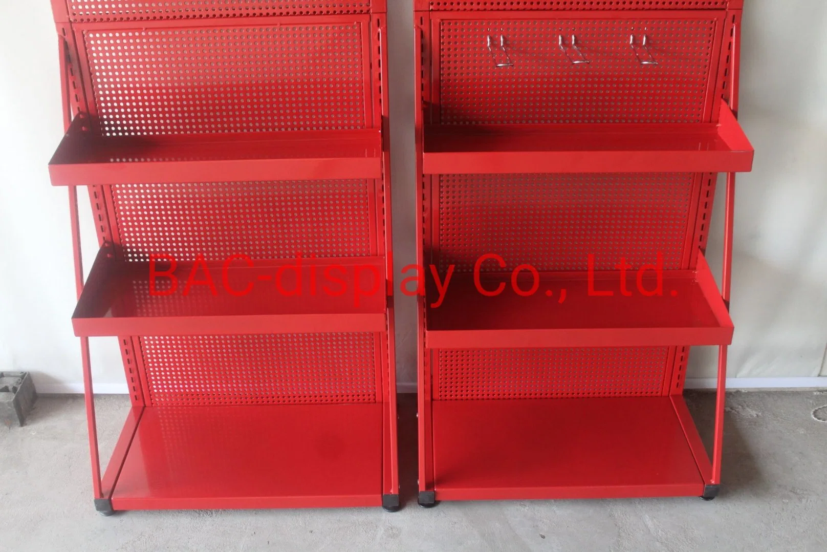 Red Powder Coated Pegboard Metal Advertising Display with Hooks and Shelves