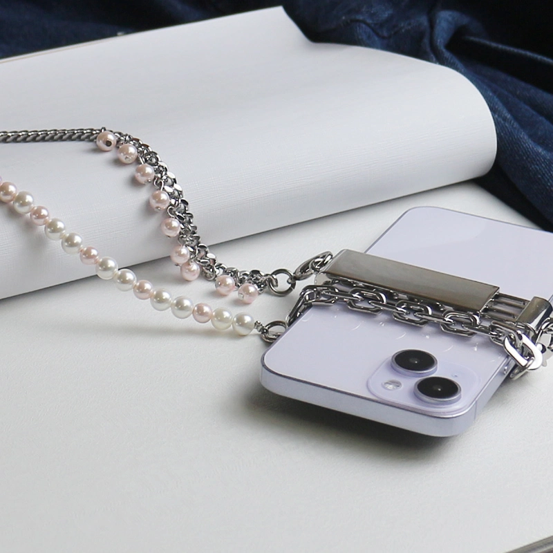 Pink Ball Bead Metal Chain Phone Clip Universal Heart Shape Pearl Messenger Strap Phone Case Accessories