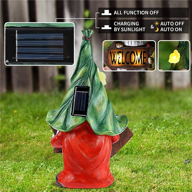 Großhandel/Lieferant Solar Powered LED Poly Resin Willkommen Zeichen Gnome Statue Landschaftsbeleuchtung Garten Garten Urlaub Dekoration Yard Dekorative Beleuchtung