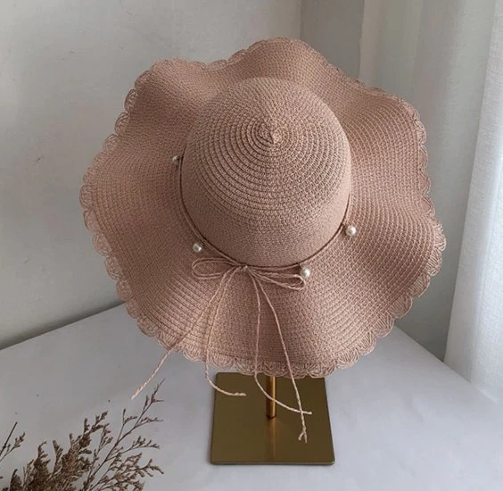 Les femmes s' vent du chapeau de paille d'été ins Pearl vague Big Beach Hat Big Brim parasol Hat Sunscreen Sun Hat