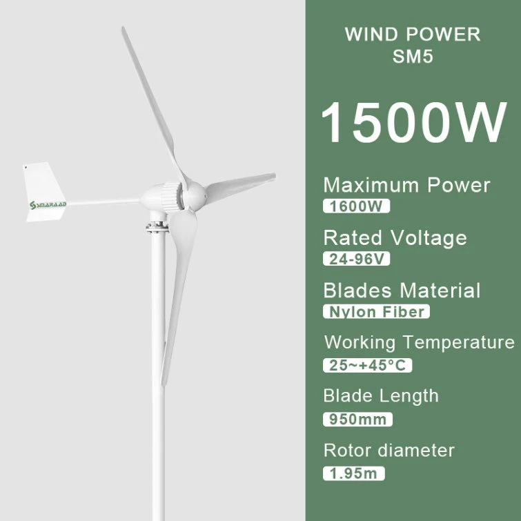 Smaraad 1,5 kw a 48V 2kw de energía eólica en horizontal las hojas de fibra de nylon turbina eólica de pequeña casa