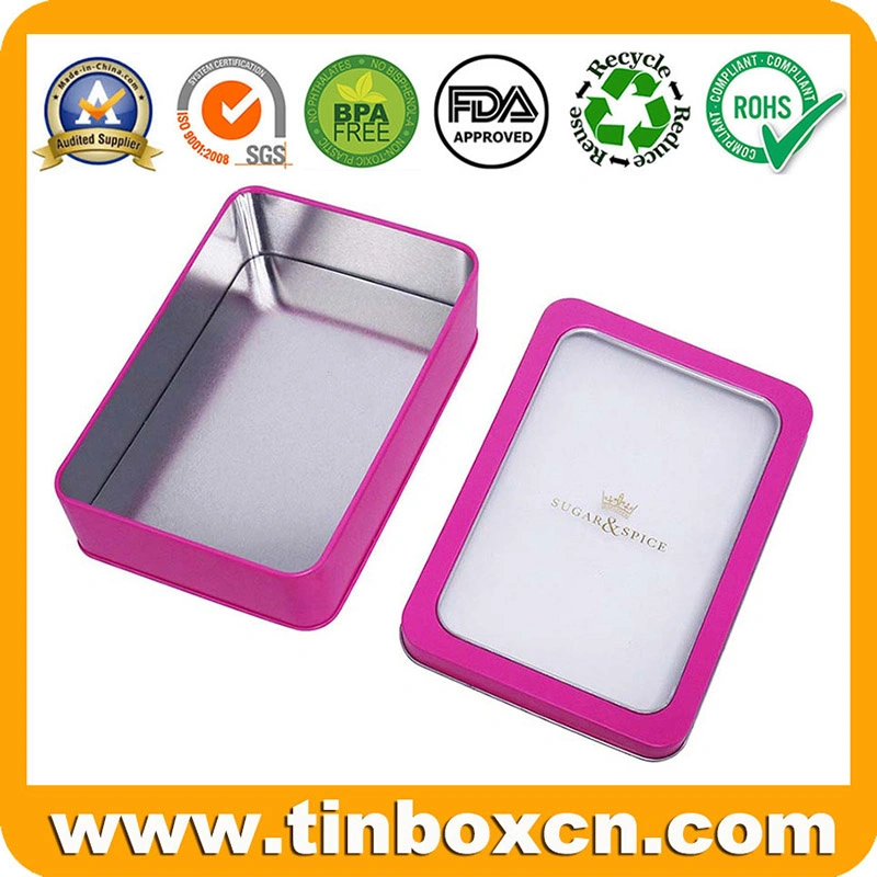 Food-Safety Tin Box rectangular de metal con tapa de la ventana de PVC transparente para el embalaje de dulces regalos de Chocolate